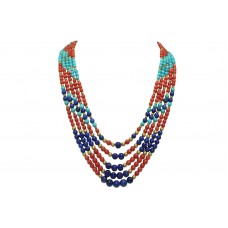5 Lines Real Coral,Turquoise Lapiz Gemstone & Gold Beads String Women's Necklace